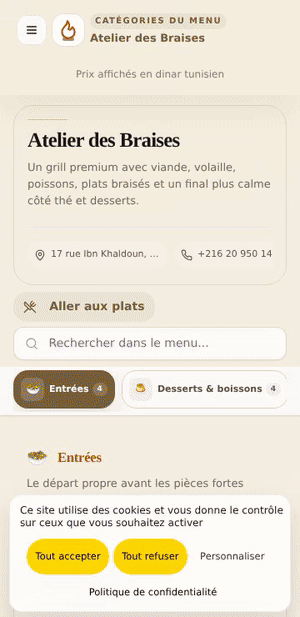 Atelier des Braises menu preview
